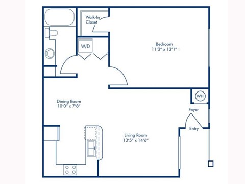 Floor plan for 1 bed, 1 bath, 688 sqft